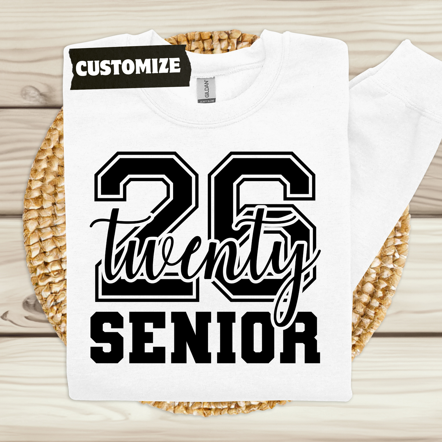 White t-shirt with black text '26 twenty SENIOR' on a woven mat.  Senior 2026 Shirt -  Celebrate the Graduating Class of 2026 In Bold Style: Front & Back