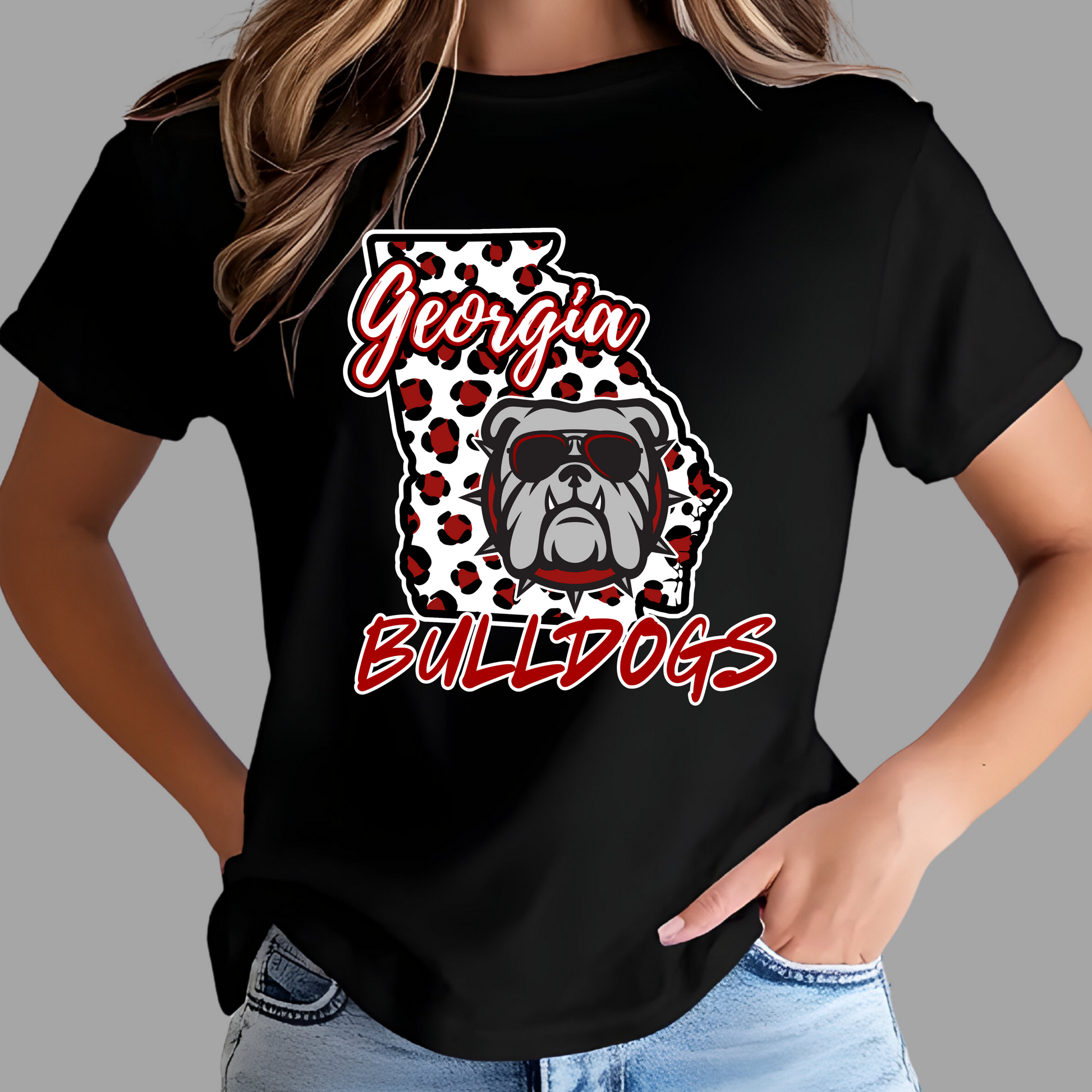 Black t-shirt with Georgia Bulldogs graphic on a gray  Georgia State Bulldogs - Georgia Bulldogs - School Pride Fan Spirit T-Shirt