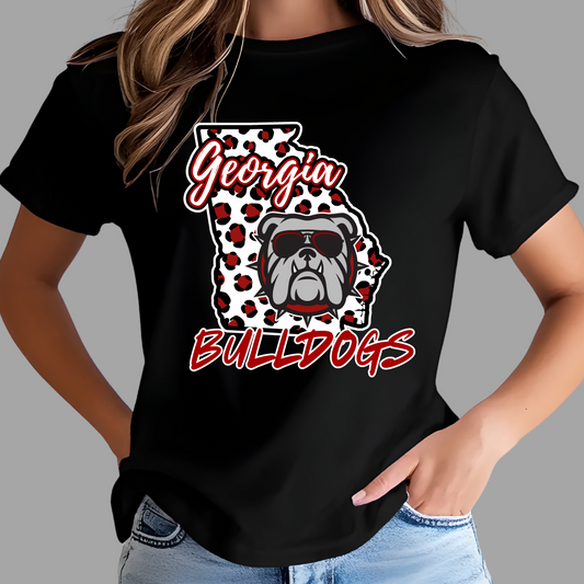 Black t-shirt with Georgia Bulldogs graphic on a gray  Georgia State Bulldogs - Georgia Bulldogs - School Pride Fan Spirit T-Shirt