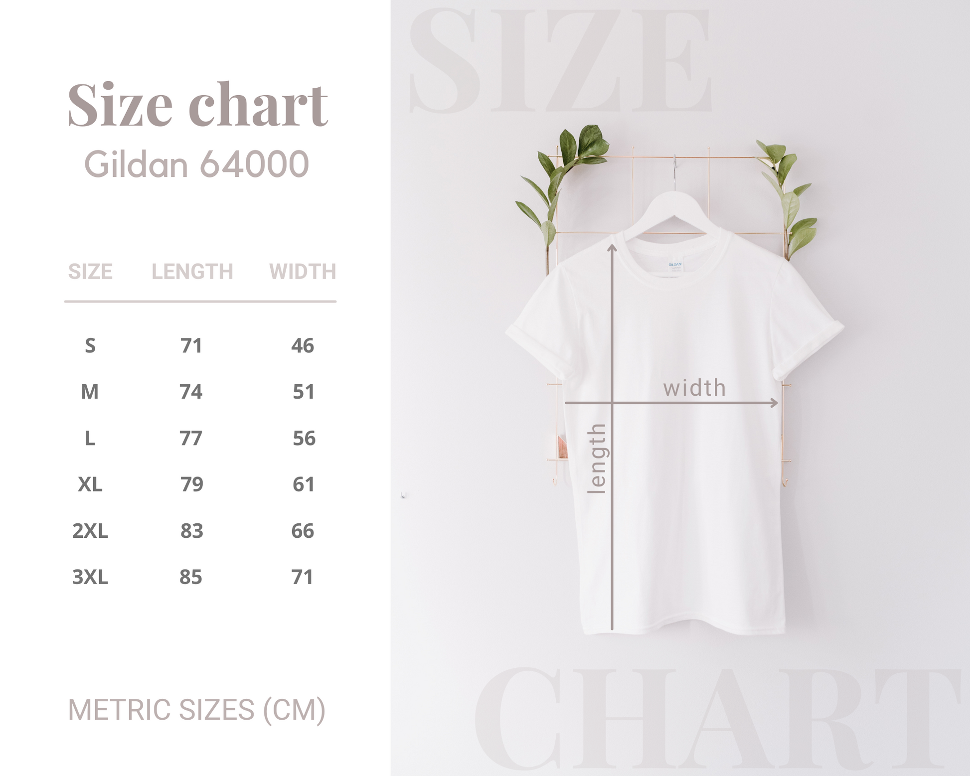 White t-shirt on a hanger with size chart on the left