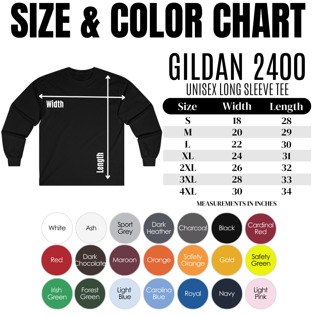 Gildan 2400 unisex long sleeve tee size and color chart with black shirt illustration and color swatches.