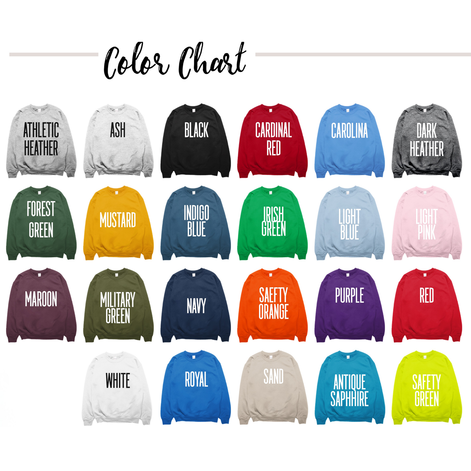 Color chart of sweaters with labels for each color on a white background