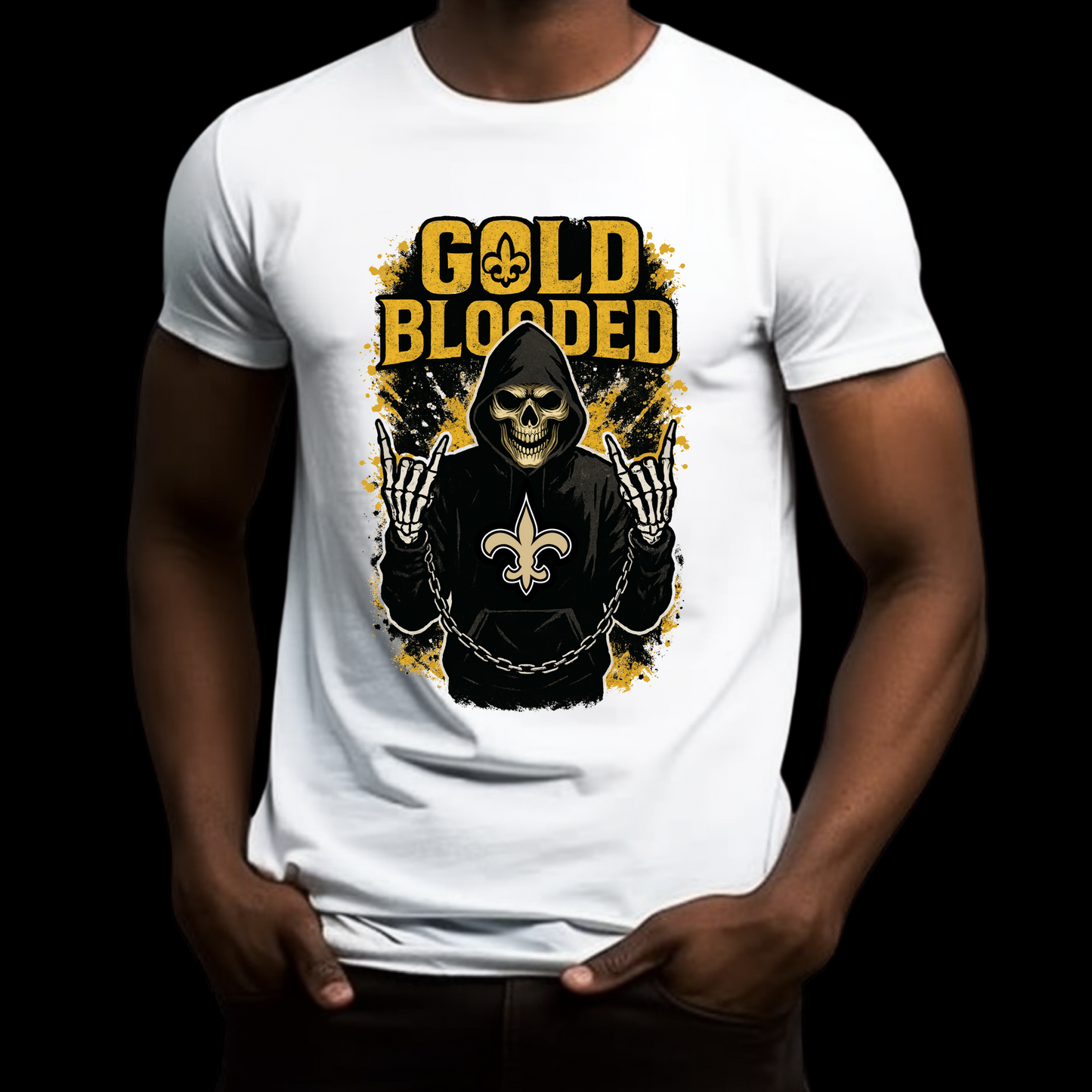 White t-shirt with a graphic design featuring a skull and text 'Gold Blooded' on a black background. Saints Football Shirt - "Gold Blooded"  Saints Game Day Graphic tee