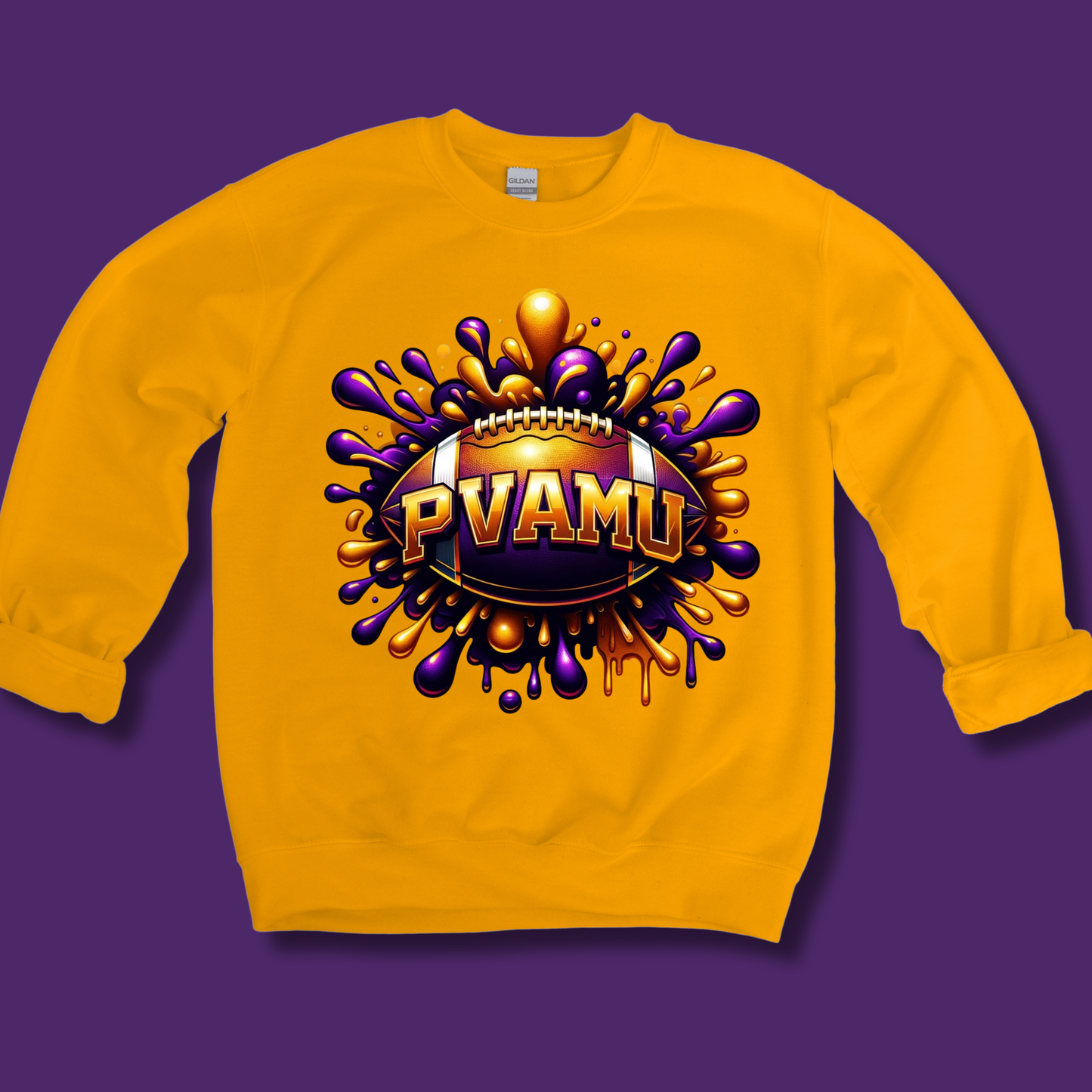 A yellow crewneck sweatshirt featuring a purple and gold graphic of a football player with the text 'PRAIRIE VIEW A&M PANTHERS' on the front, displayed against a solid purple background.