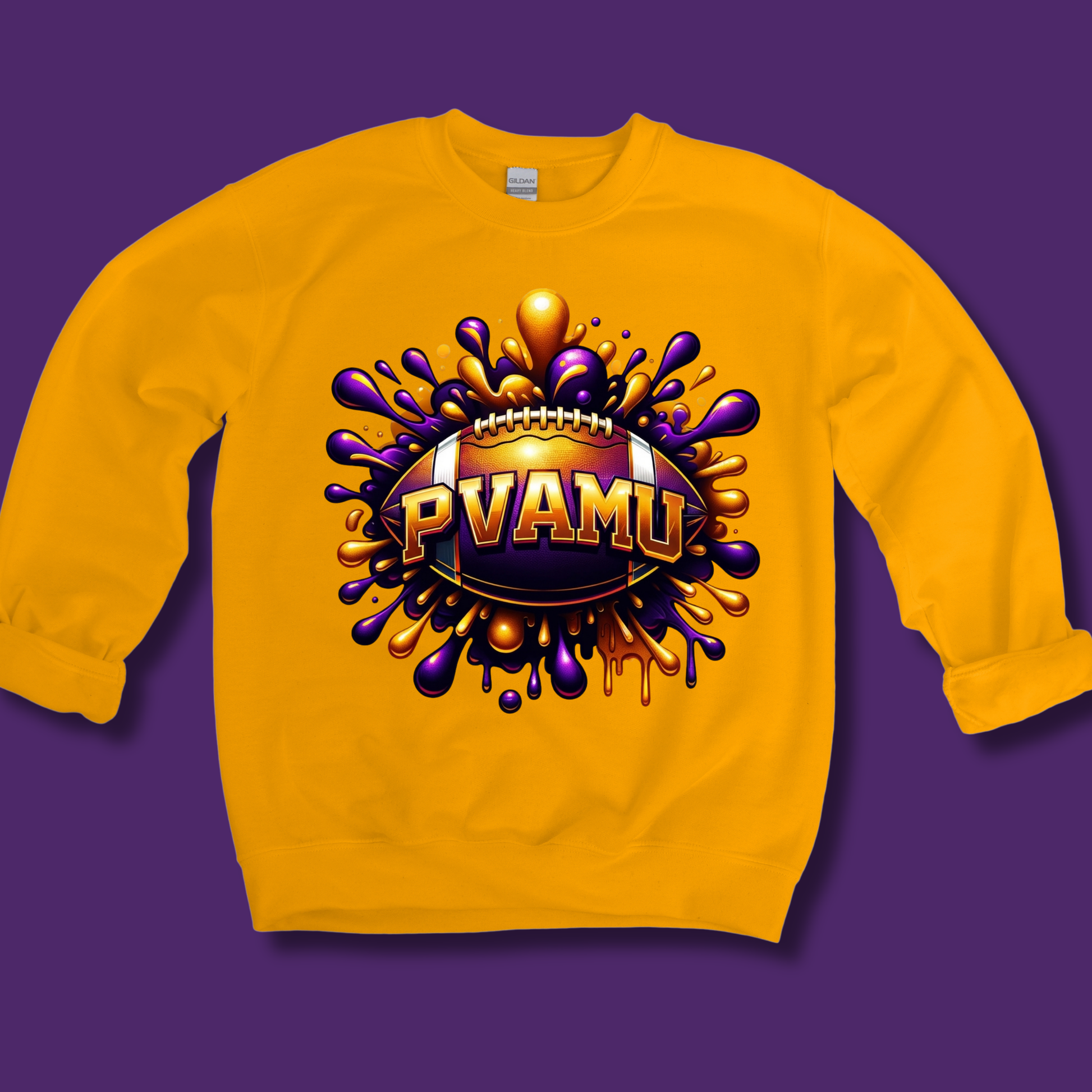 A yellow crewneck sweatshirt featuring a purple and gold graphic of a football player with the text 'PRAIRIE VIEW A&M PANTHERS' on the front, displayed against a solid purple background.