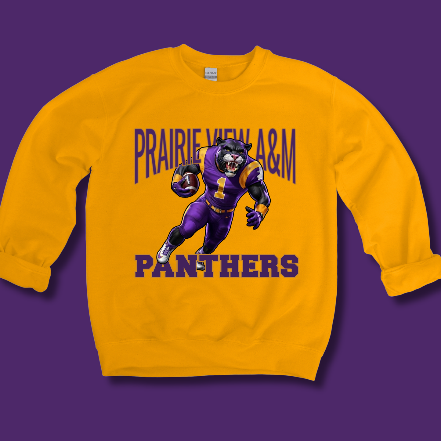 A yellow crewneck sweatshirt featuring a purple and gold graphic of a football player with the text 'PRAIRIE VIEW A&M PANTHERS' on the front, displayed against a solid purple background.