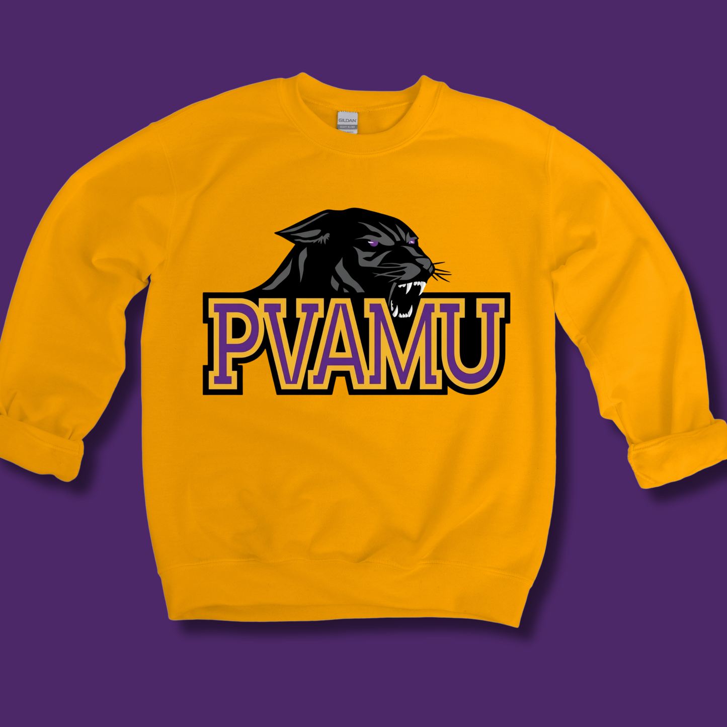 A yellow crewneck sweatshirt featuring a purple and gold graphic of a football player with the text 'PRAIRIE VIEW A&M PANTHERS' on the front, displayed against a solid purple background.