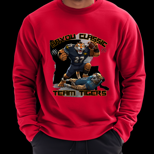 Red sweatshirt with 'Bryou Classic Team Tigers' graphic design on a black background  Bayou Classic Team Tigers: Grambling Tigers Bayou Classic Cozy Game Day Sweater