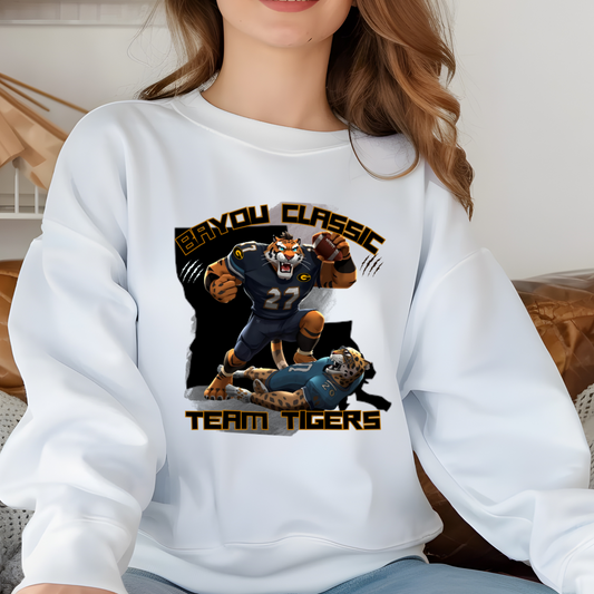 Person wearing a white sweatshirt with 'Bayou Classic Team Tigers' design  Bayou Classic Team Tigers: Grambling Tigers Bayou Classic Cozy Game Day Sweater