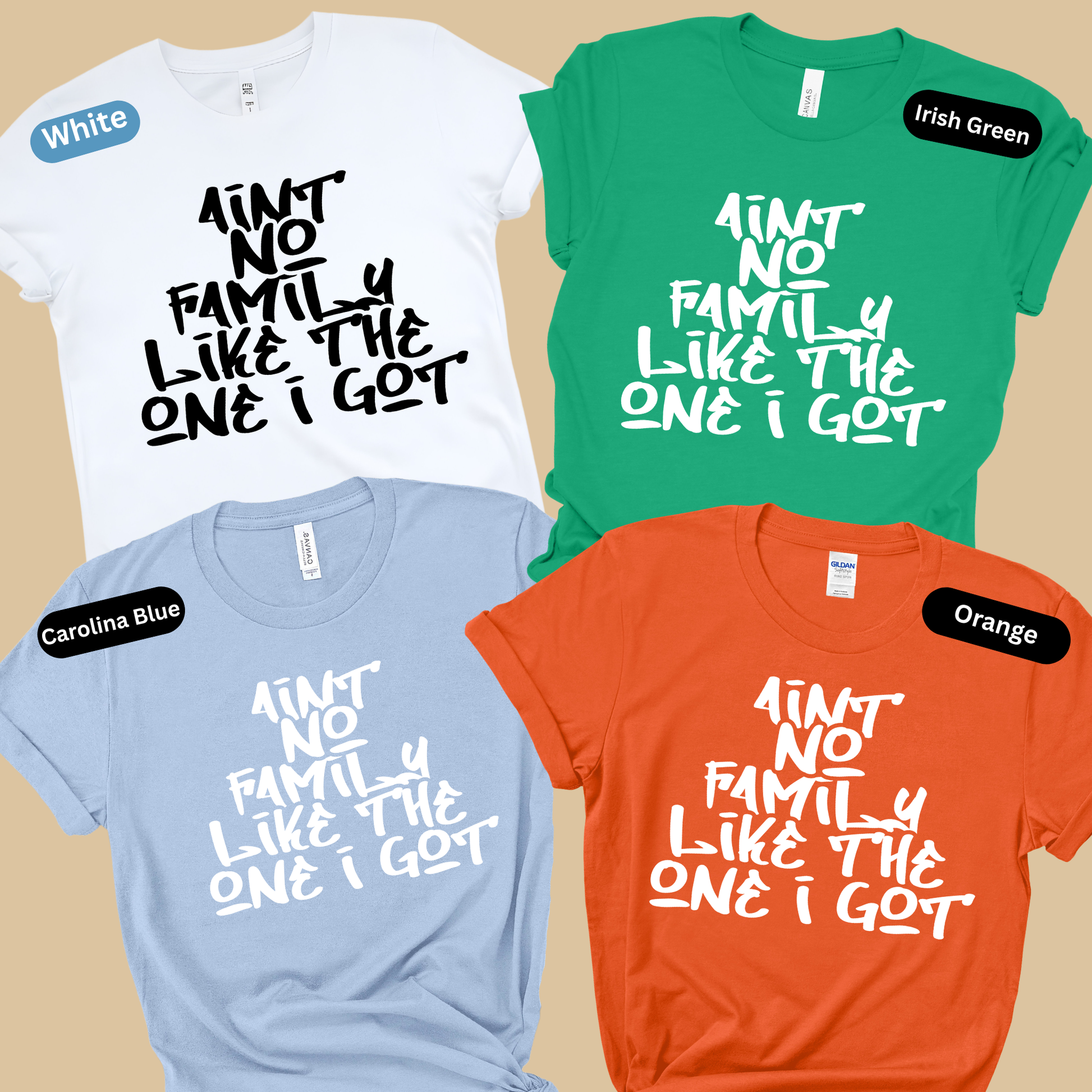 Four t-shirts in white, green, blue, and orange with text on a beige background