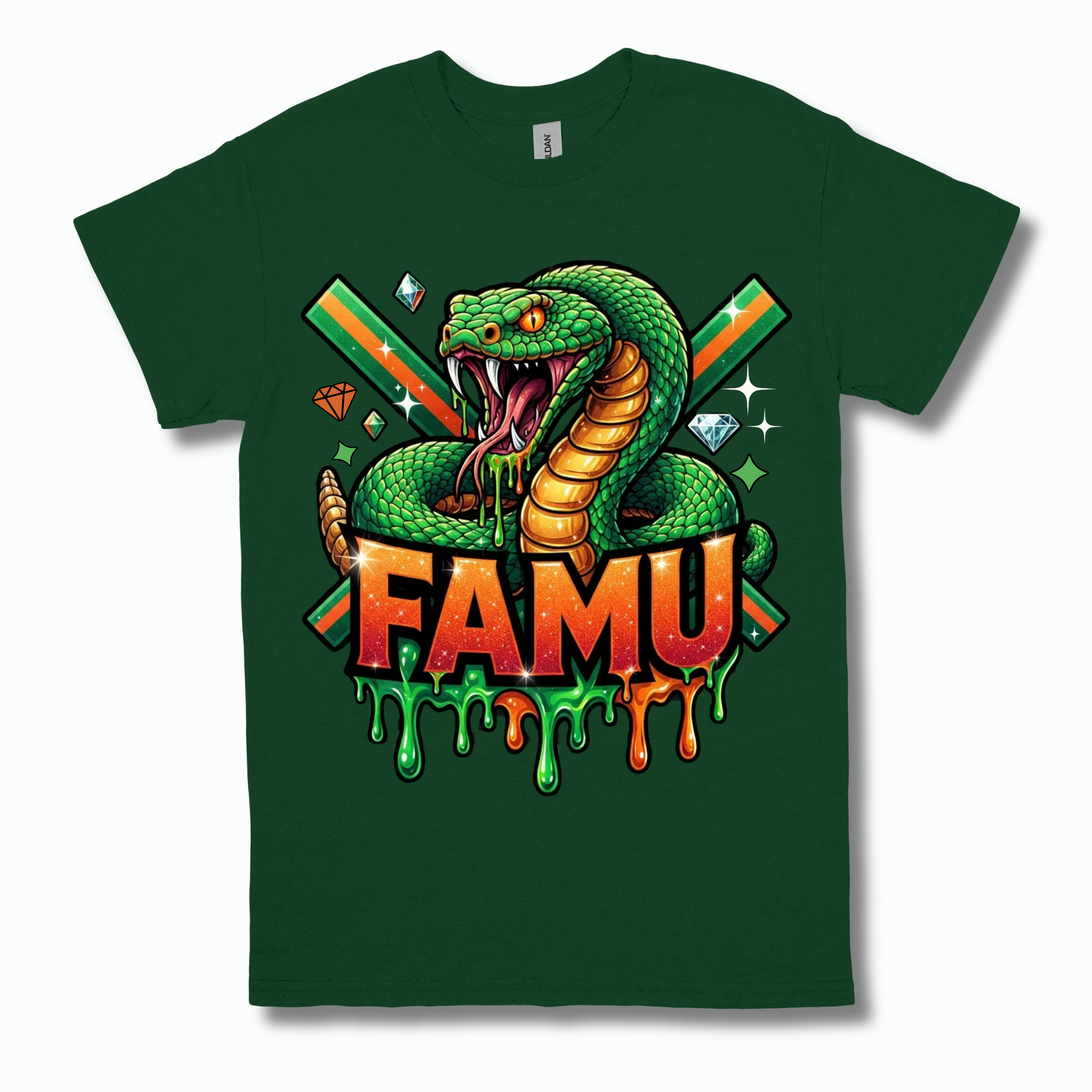 A dark green short-sleeve t-shirt with a colorful graphic print of a coiled green snake, crossed green and orange striped swords, diamonds, and the text 'FAMU' in dripping orange and green letters.