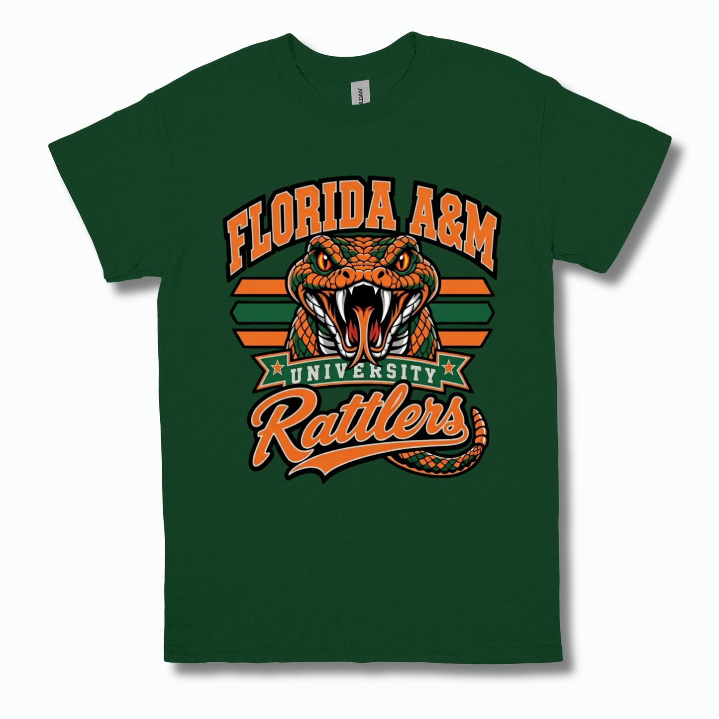 A dark green short-sleeve t-shirt with a colorful graphic print of a coiled green snake, crossed green and orange striped swords, diamonds, and the text 'FAMU' in dripping orange and green letters.