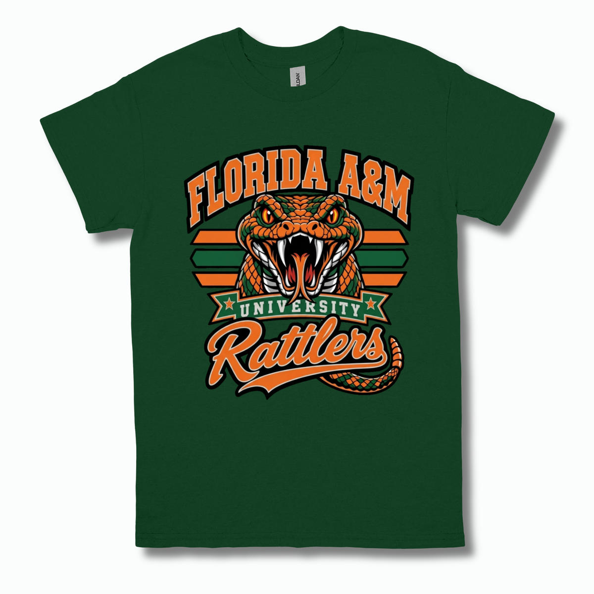 A dark green short-sleeve t-shirt with a colorful graphic print of a coiled green snake, crossed green and orange striped swords, diamonds, and the text 'FAMU' in dripping orange and green letters.