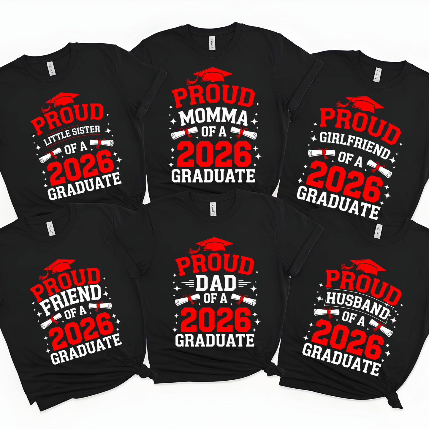 Black t-shirts with red and white text celebrating 2026 graduates, displayed on a white background.