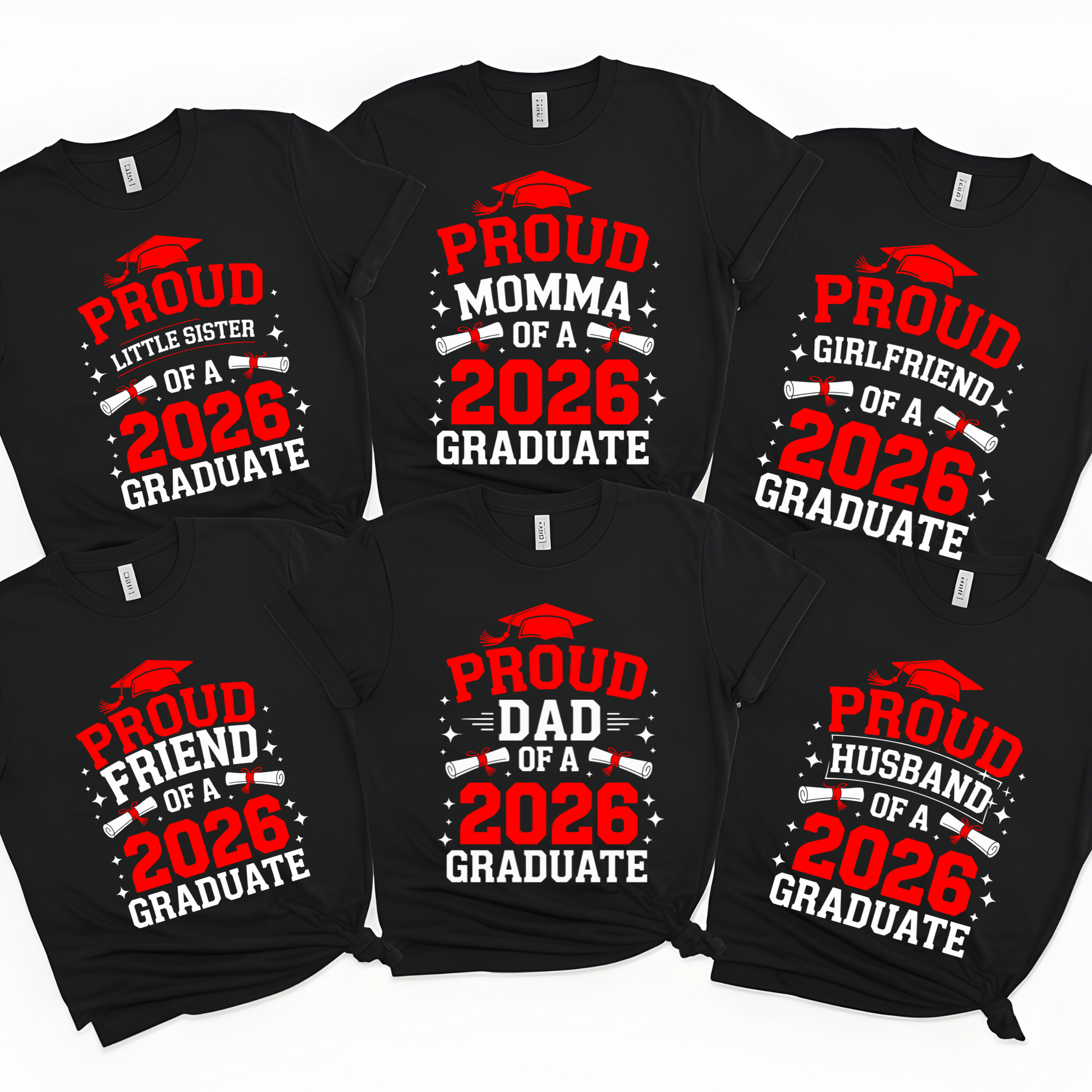 Black t-shirts with red and white text celebrating 2026 graduates, displayed on a white background.