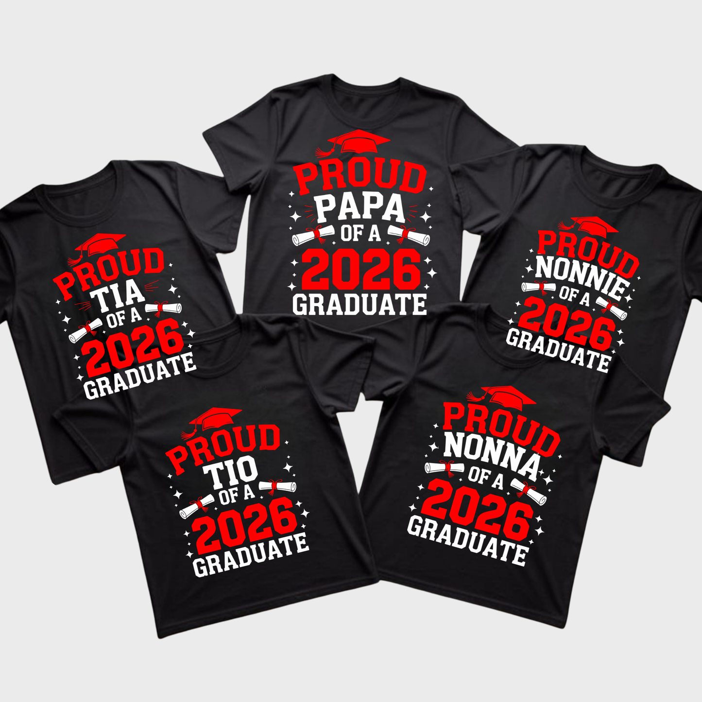Black t-shirts with red and white text celebrating 2026 graduates and their family members on a light gray background.