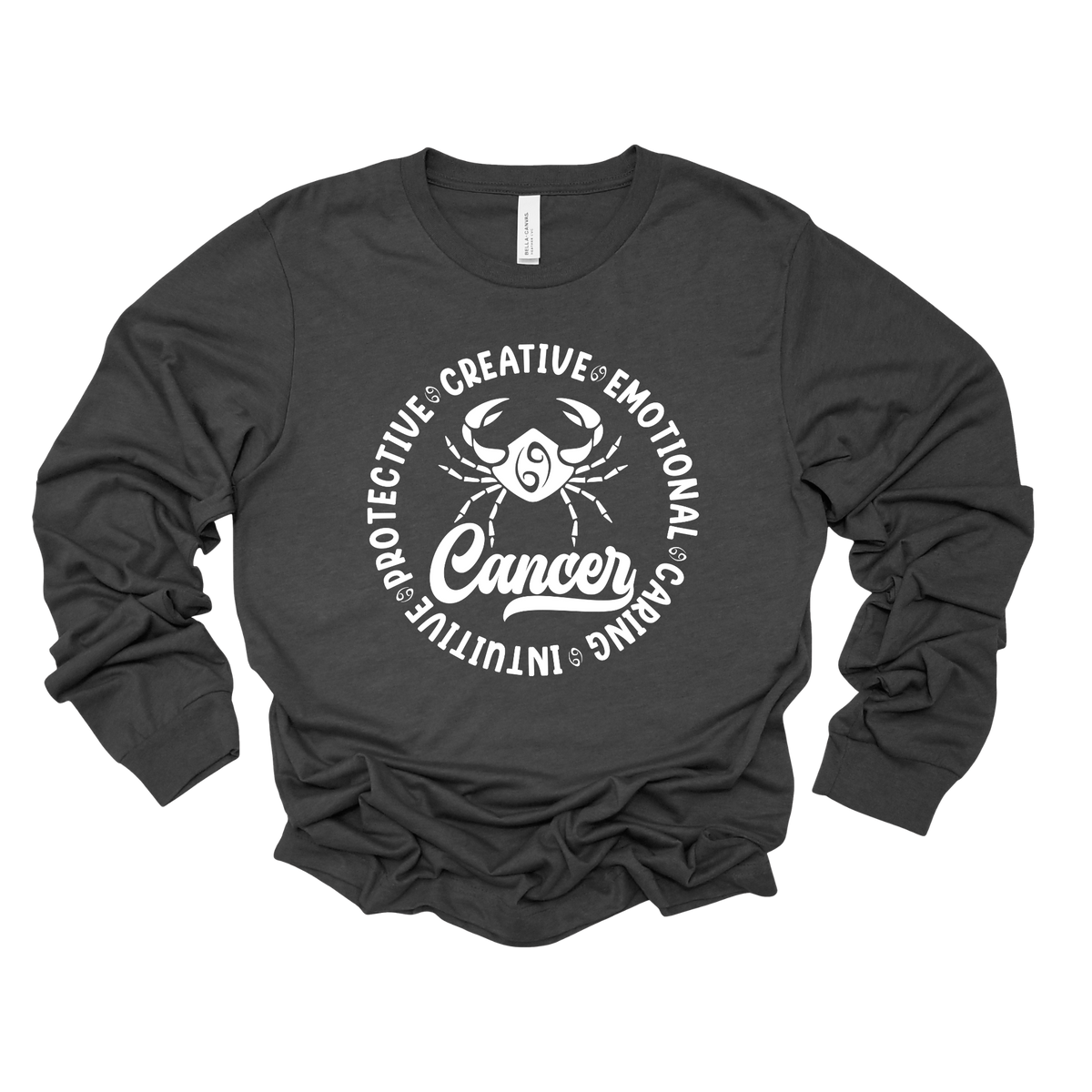 A dark charcoal gray long-sleeve t-shirt with a white graphic print on the front. The graphic features a crab illustration with the word 'Cancer' and a circular text design reading 'PROTECTIVE', 'CREATIVE', 'EMOTIONAL', 'CRABE', 'INTUITIVE', and 'UTINI'.