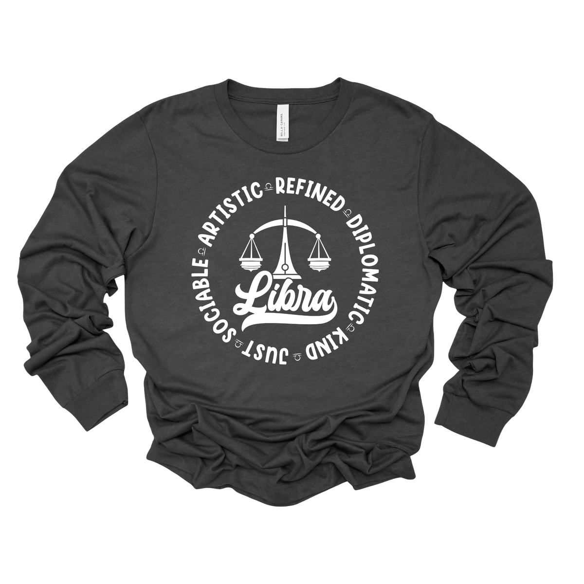 A dark charcoal gray long-sleeve t-shirt with a white circular graphic on the chest featuring a scale of justice and the text 'Lilara' surrounded by adjectives, displayed on a clean white background.