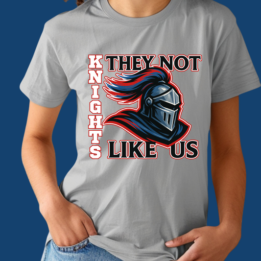 Person wearing a gray t-shirt with a graphic design and text on a blue background  Knight Game Day Shirt: They Not Like Us - Knights Team Spirit Tee's