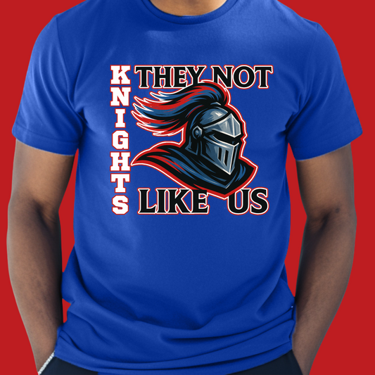 Blue t-shirt with a graphic of a knight's helmet and text on a red background Knight Game Day Shirt: They Not Like Us - Knights Team Spirit Tee's