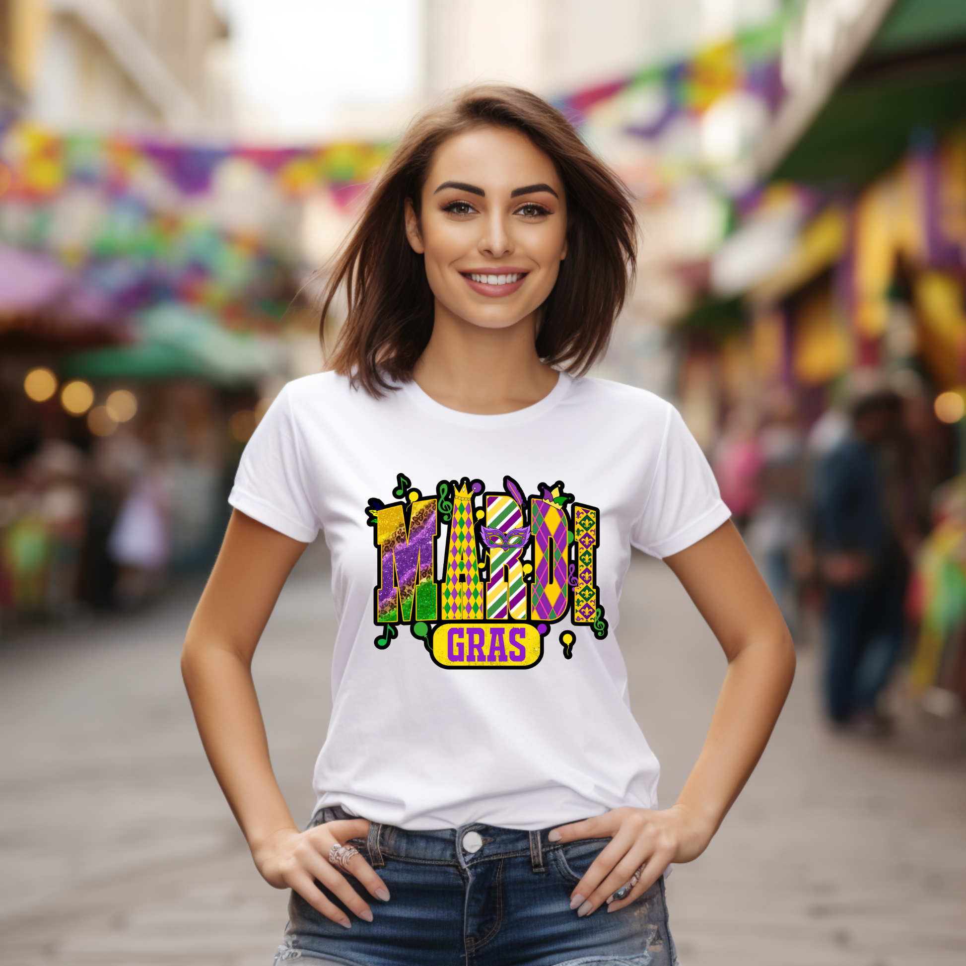 Woman wearing a 'Mardi Gras' t-shirt in a festive setting