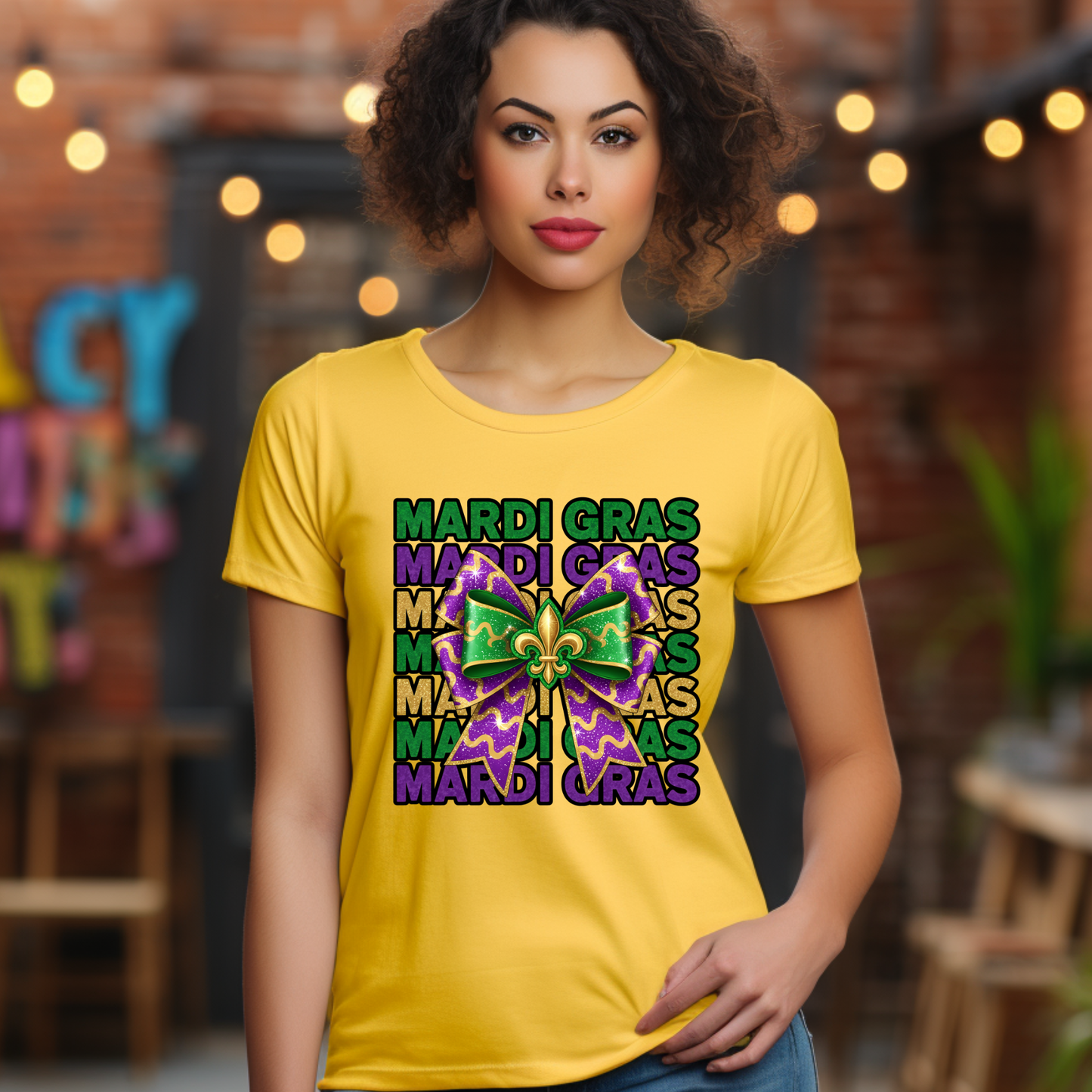 Woman wearing a yellow Mardi Gras t-shirt with a purple and green bow design.