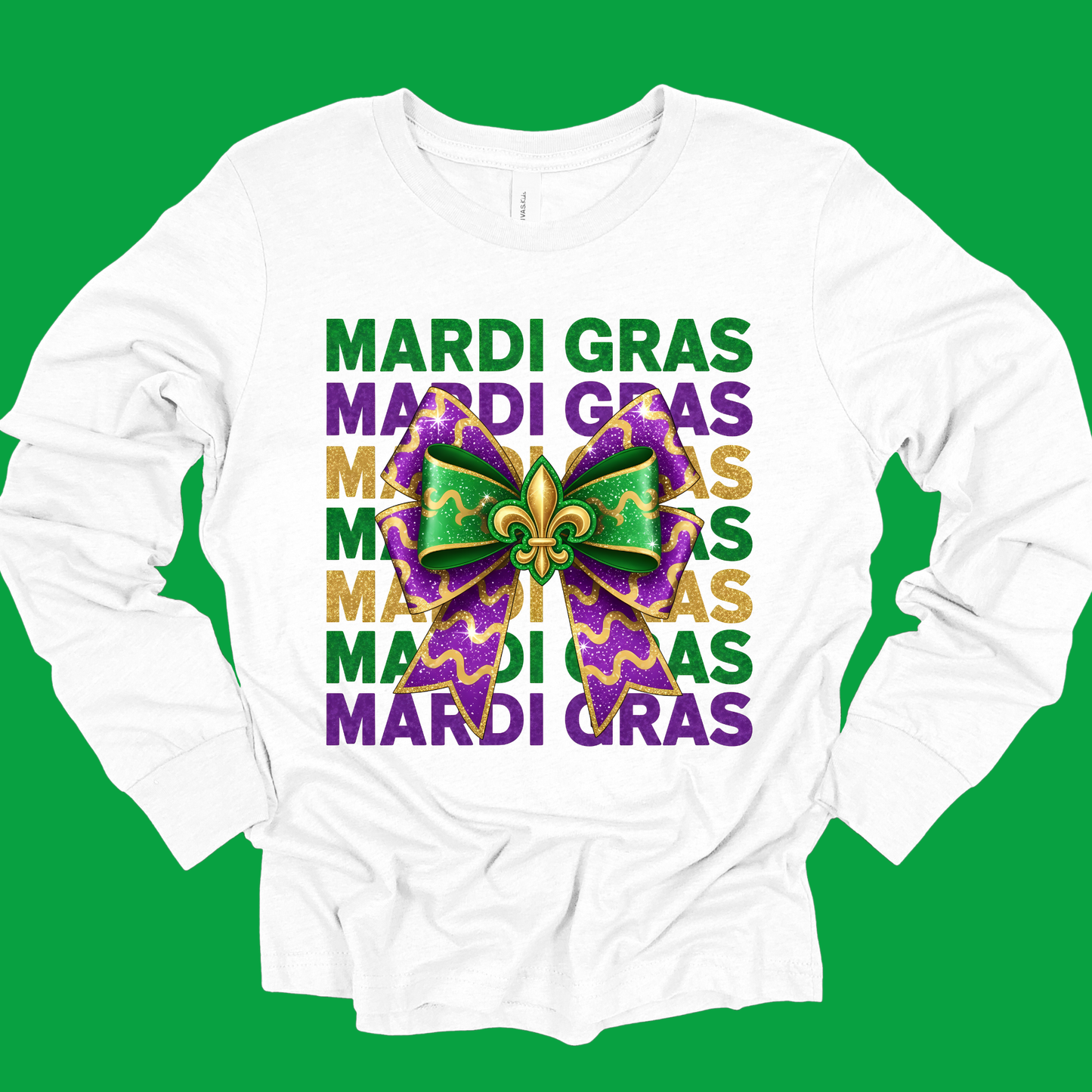 White long-sleeve shirt with Mardi Gras-themed design on a green background