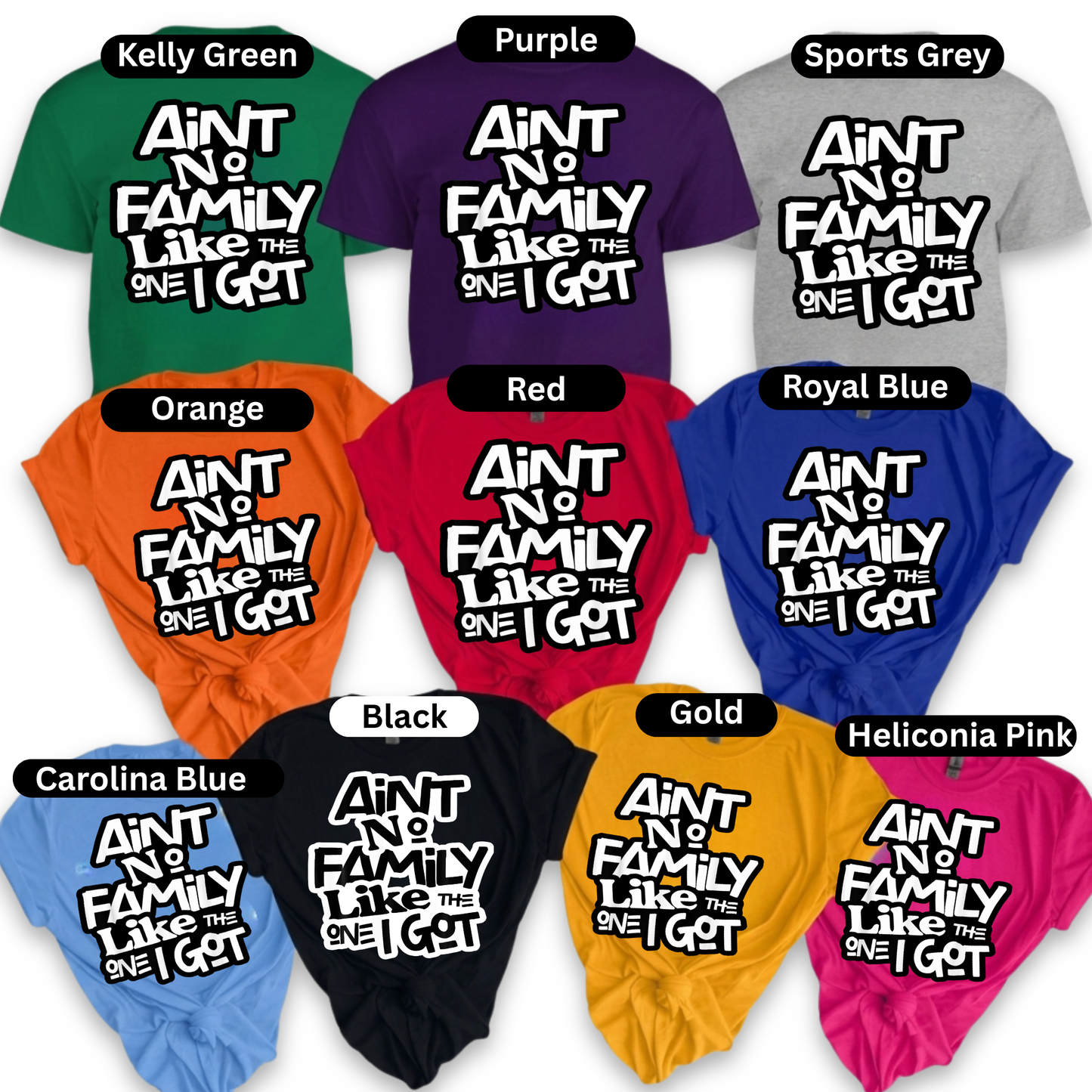 Collection of t-shirts in various colors with the text 'Aint No Family Like The One I Got' on a white background.