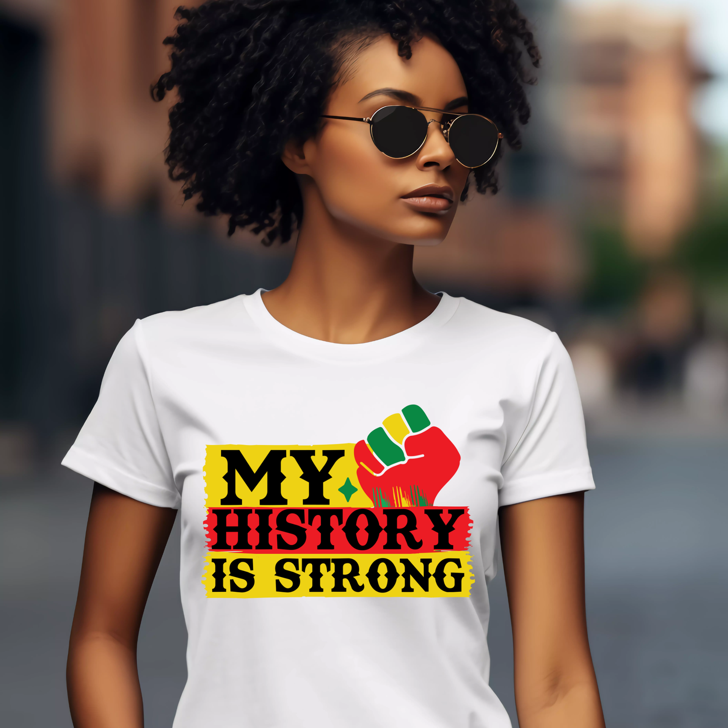 Woman wearing a white t-shirt with 'My History is Strong' design.