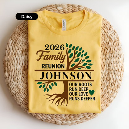 Yellow t-shirt with family reunion design on a woven surface