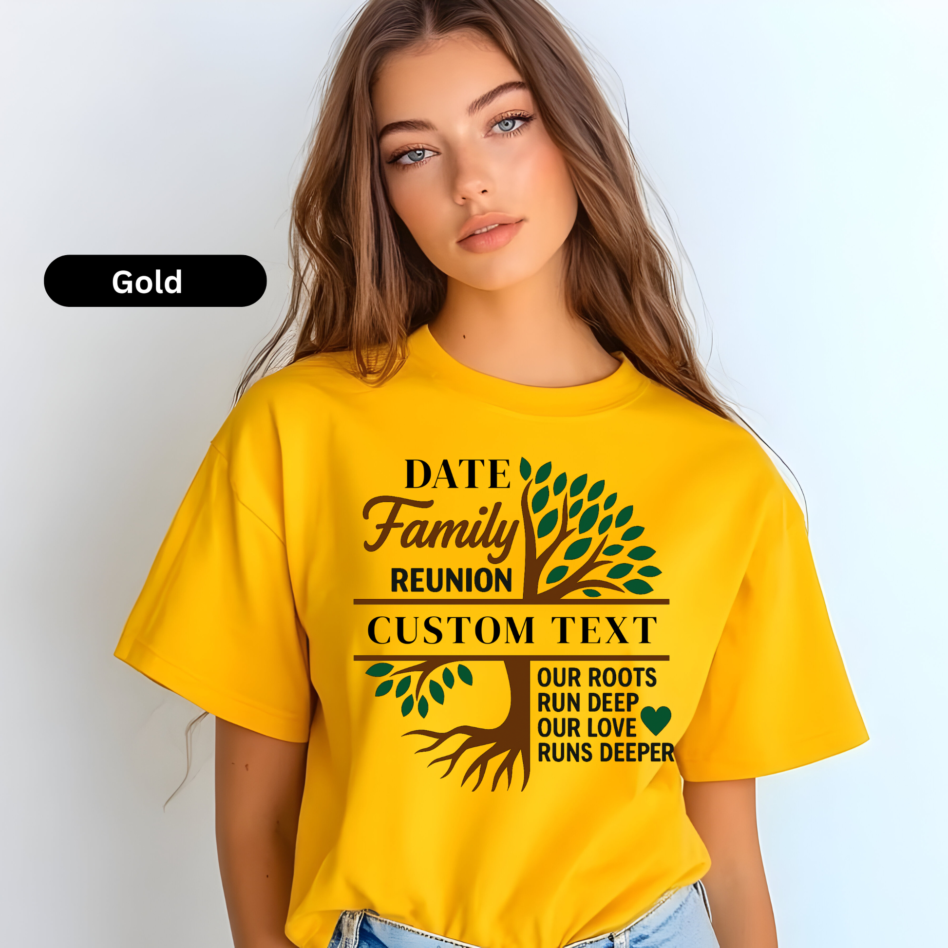 Woman wearing a yellow t-shirt with a family reunion design and customizable text.