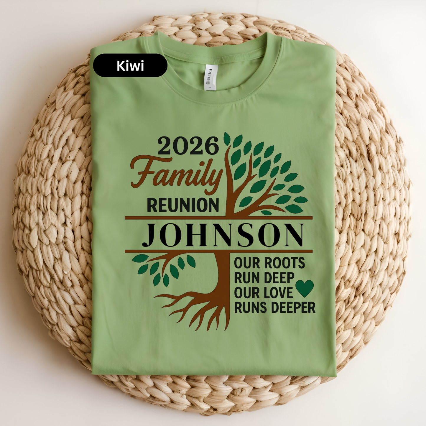 Green t-shirt with family reunion design on a woven surface