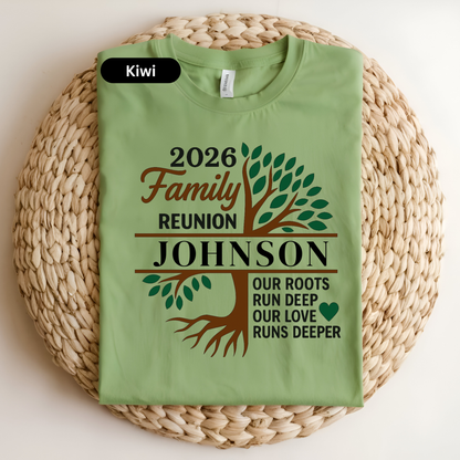 Green t-shirt with family reunion design on a woven surface
