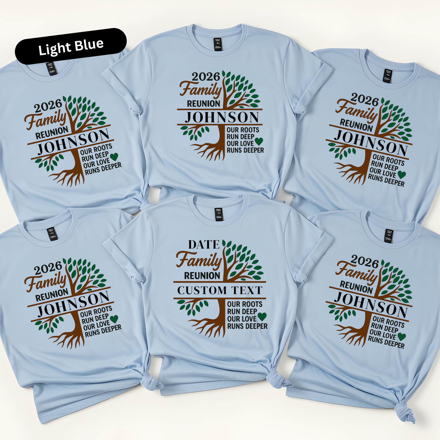 Light blue t-shirts with family reunion designs and text on a white background
