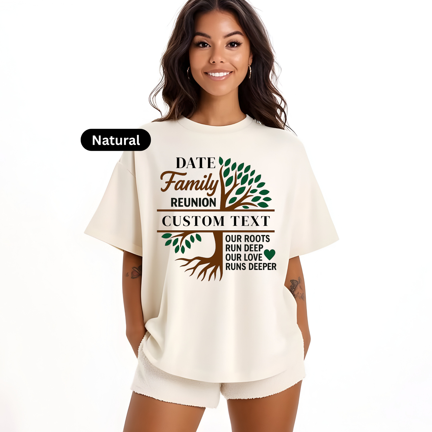 Woman wearing a white t-shirt with a family reunion design and text.