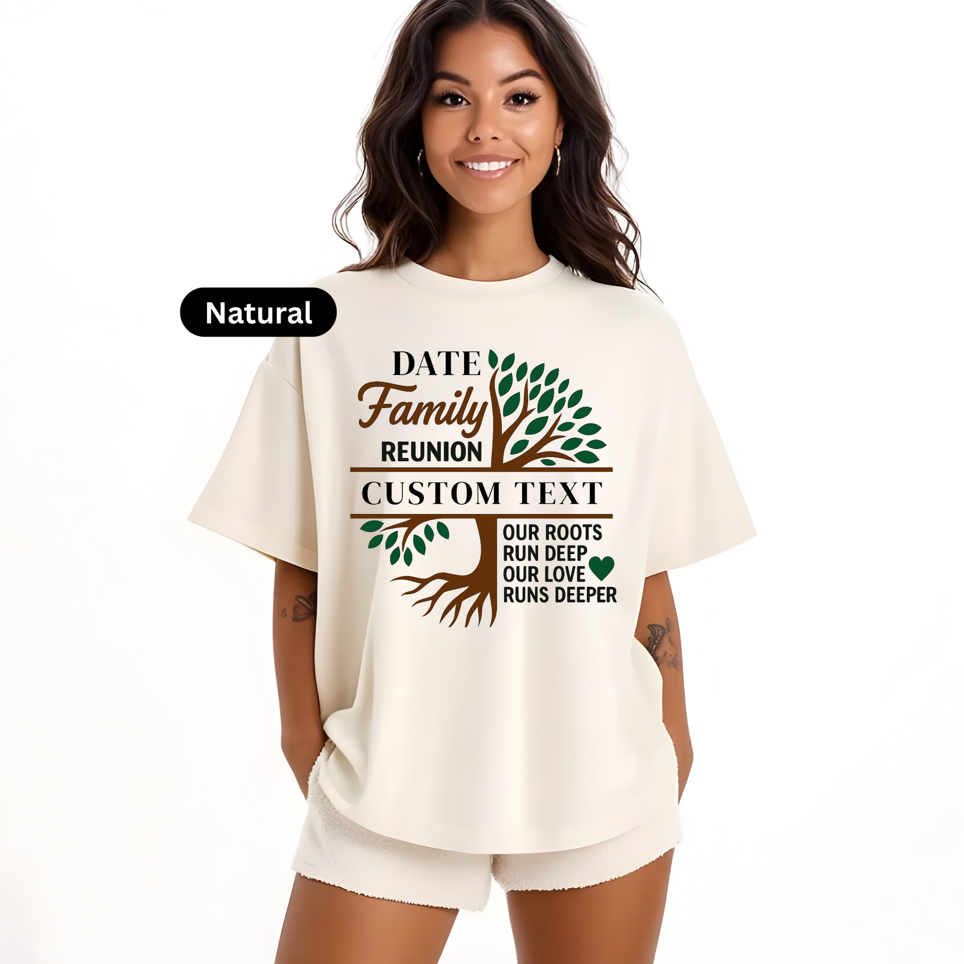 Woman wearing a white t-shirt with a family reunion design and text.