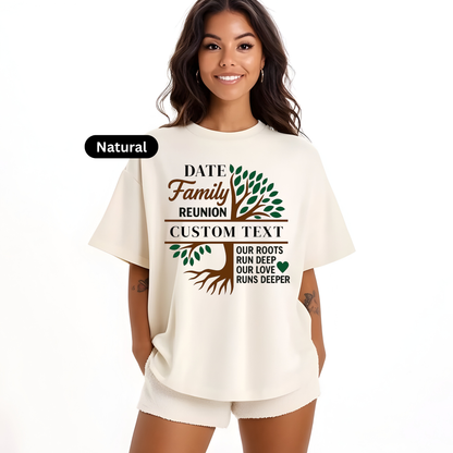 Woman wearing a white t-shirt with a family reunion design and text.