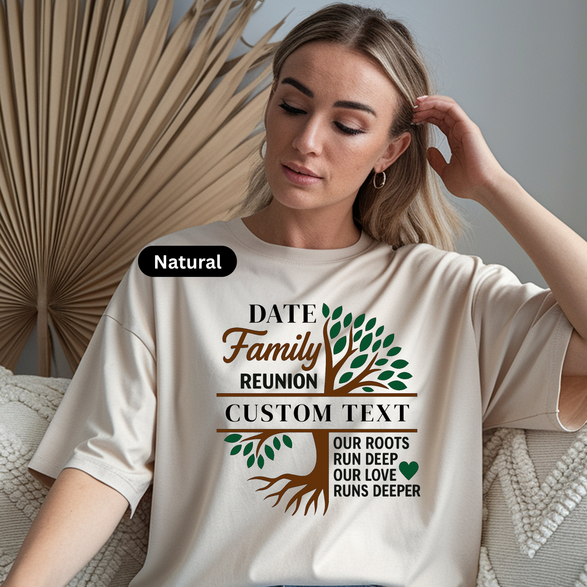 Woman wearing a t-shirt with a family reunion design and customizable text.