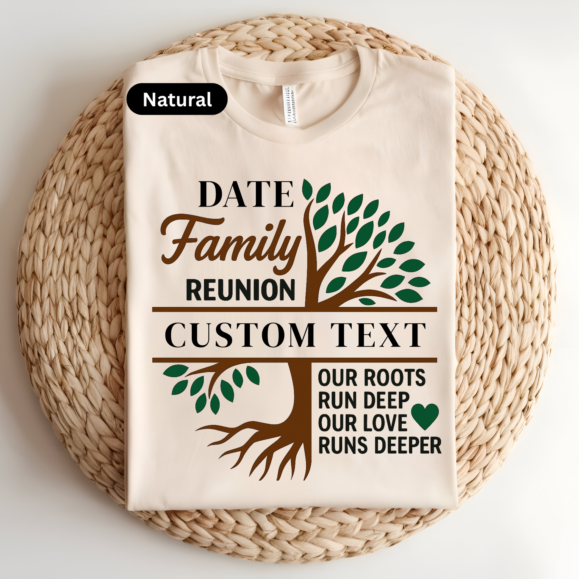 Beige t-shirt with family reunion design on a woven surface