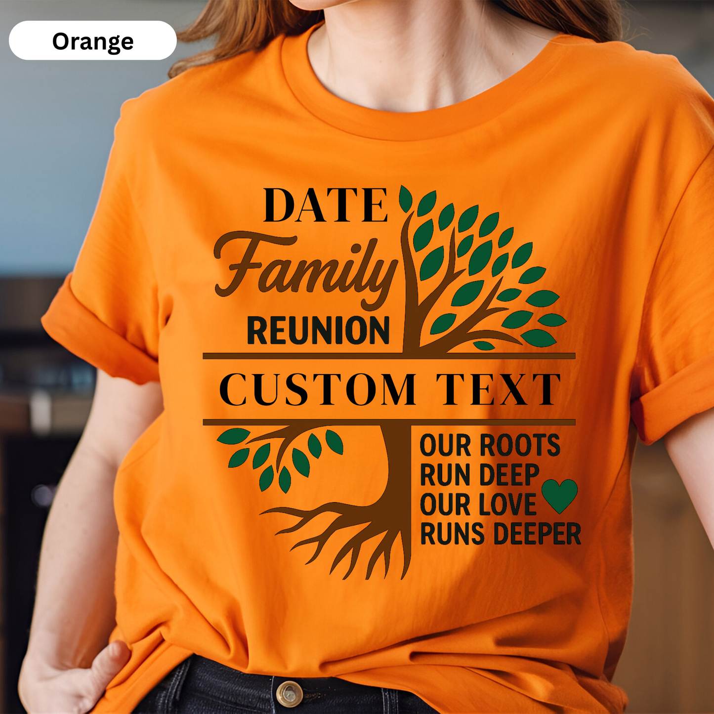 Orange t-shirt with family reunion design and customizable text.