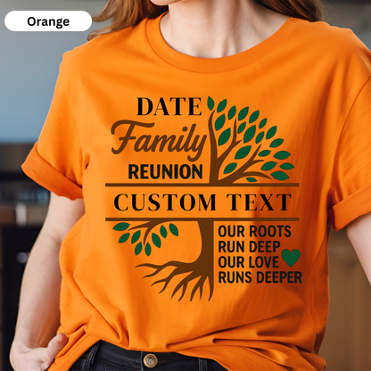 Orange t-shirt with family reunion design and customizable text.