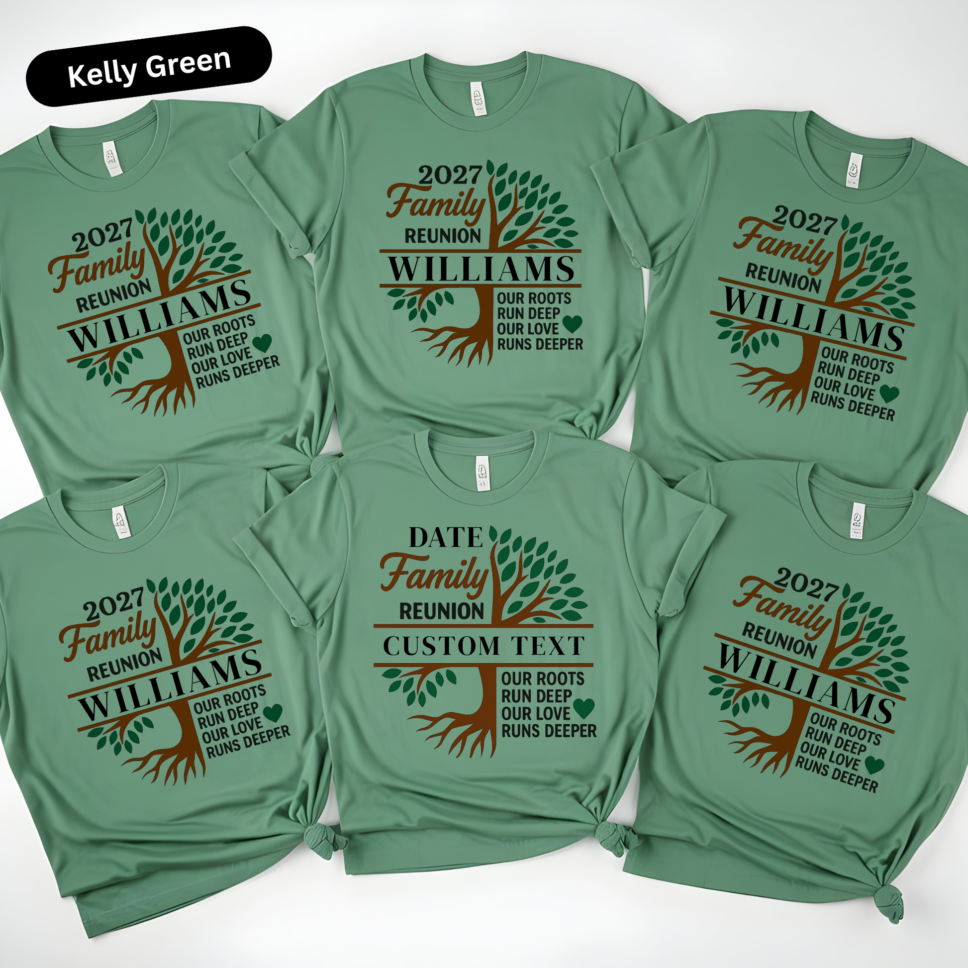 Green t-shirts with family reunion design and customizable text on a white background