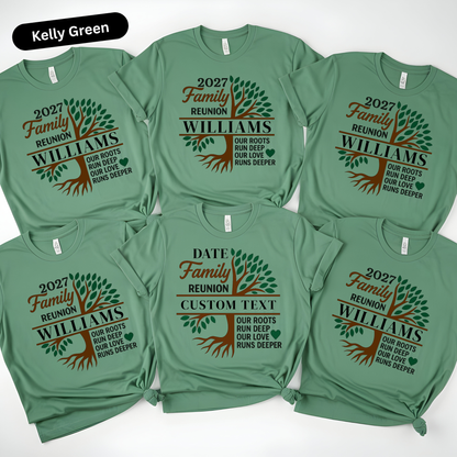 Green t-shirts with family reunion design and customizable text on a white background