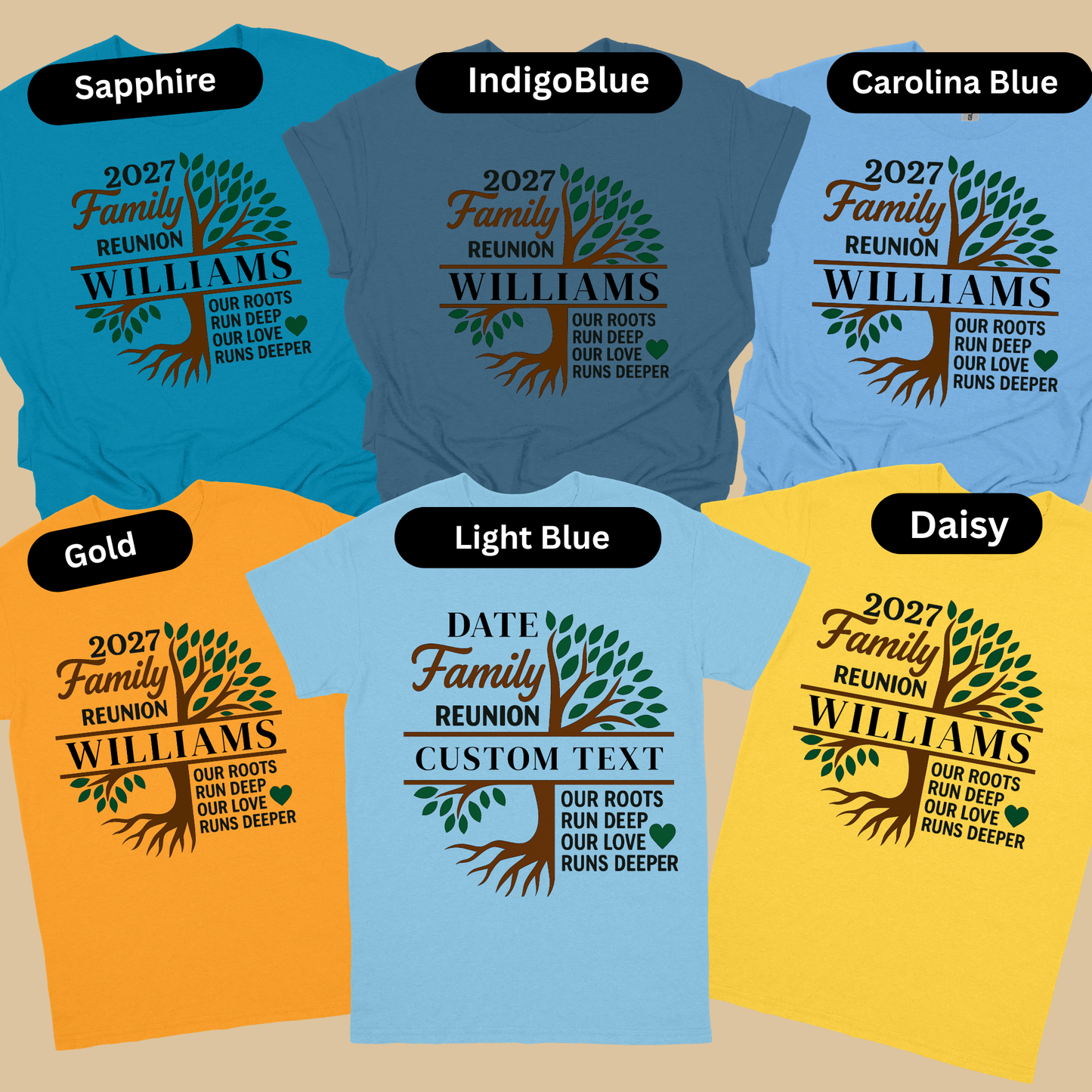 Collection of family reunion t-shirts in various colors with customizable text.