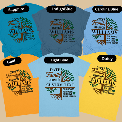 Collection of family reunion t-shirts in various colors with customizable text.