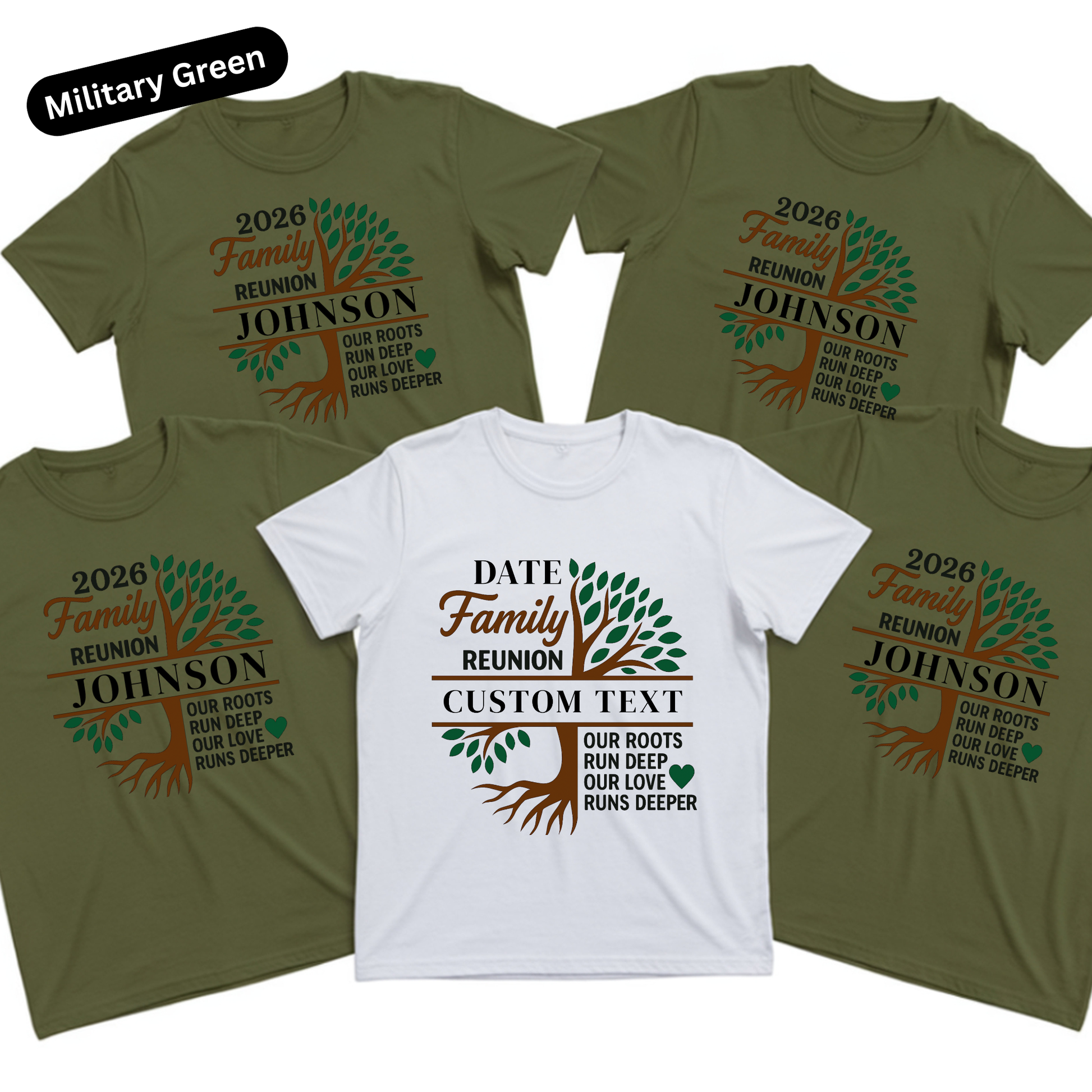 Five family reunion t-shirts with customizable text on a white background