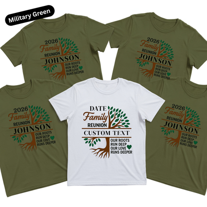 Five family reunion t-shirts with customizable text on a white background