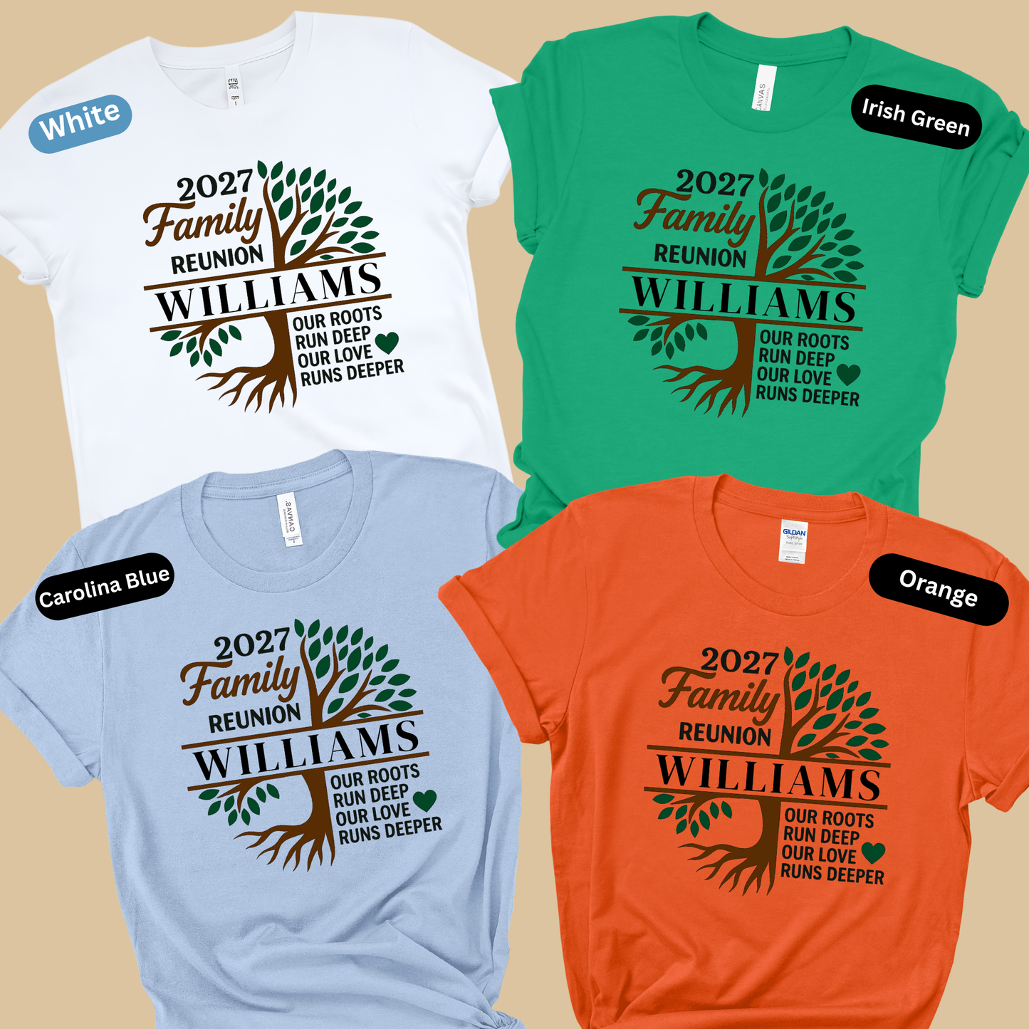 Four family reunion t-shirts in white, green, blue, and orange with 'Williams' and tree design.