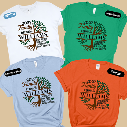 Four family reunion t-shirts in white, green, blue, and orange with 'Williams' and tree design.