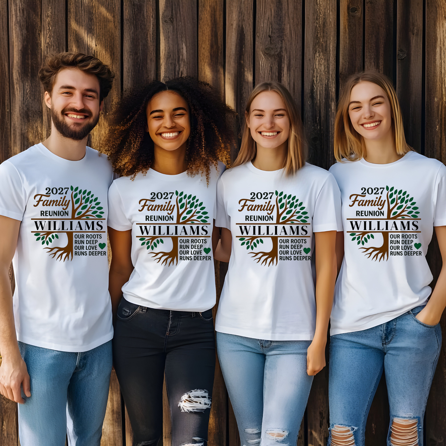 Four people wearing white t-shirts with '2027 Family Reunion' design against a wooden background.